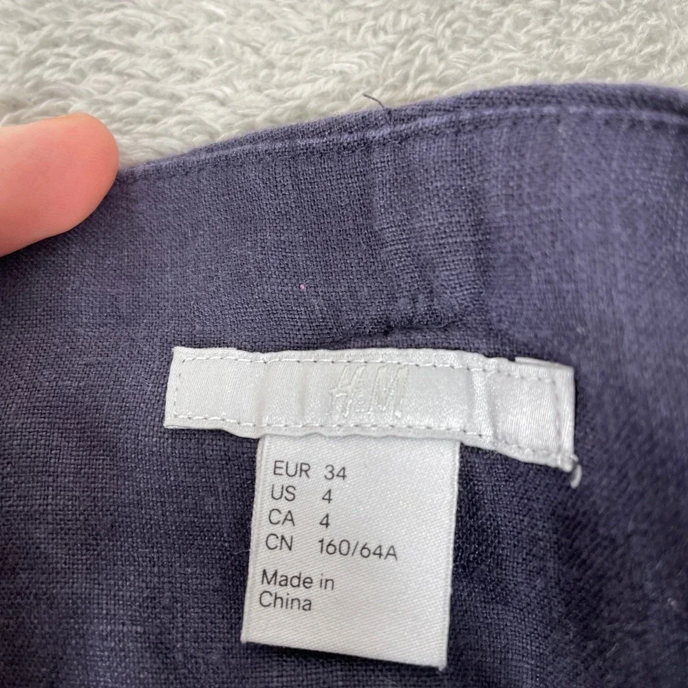 H&M Pants Womens 4 Navy Blue Linen Wide Leg High Waisted Coastal Summer Trouser